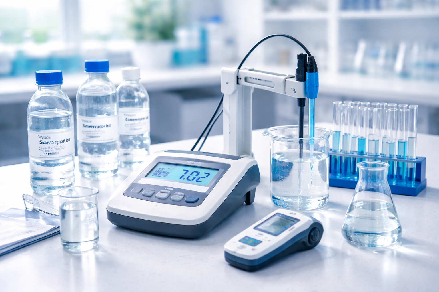 Digital pH meter used during disinfectant efficacy testing to evaluate water quality and pH conditions in a laboratory
