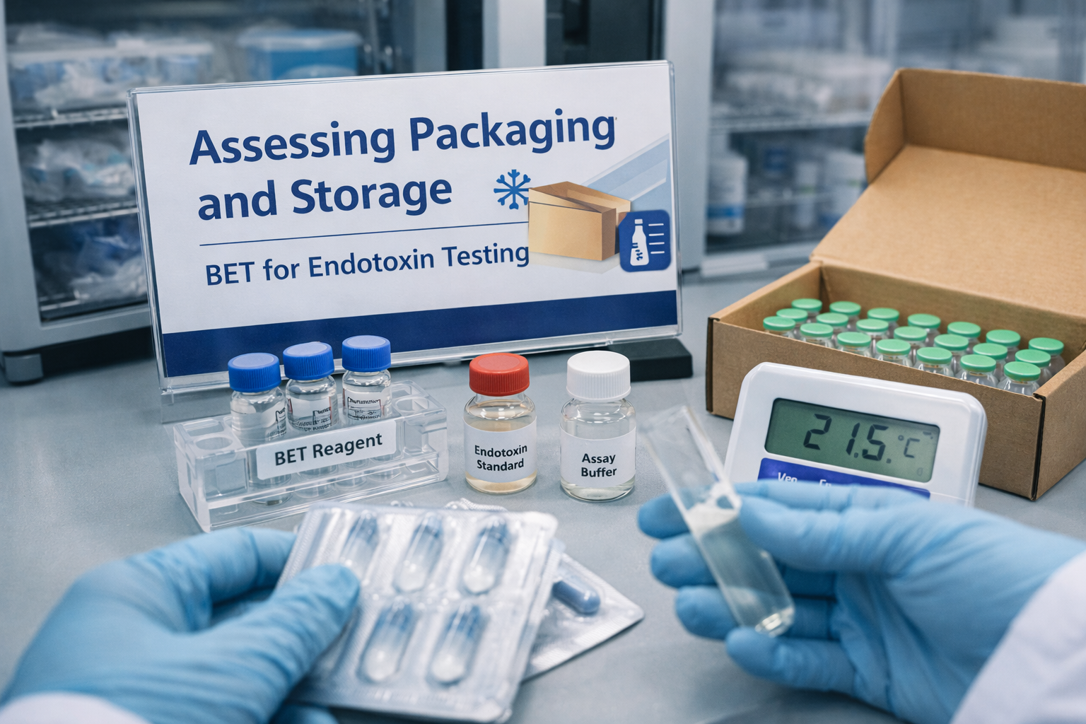 Pharmaceutical technician testing packaging materials and stored vials for endotoxins using BET reagents in a quality control laboratory
