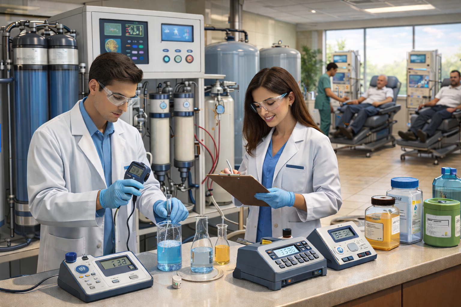 Two healthcare professionals testing reverse osmosis (RO) water quality for dialysis treatment in a modern medical laboratory with filtration systems and dialysis machines in the background