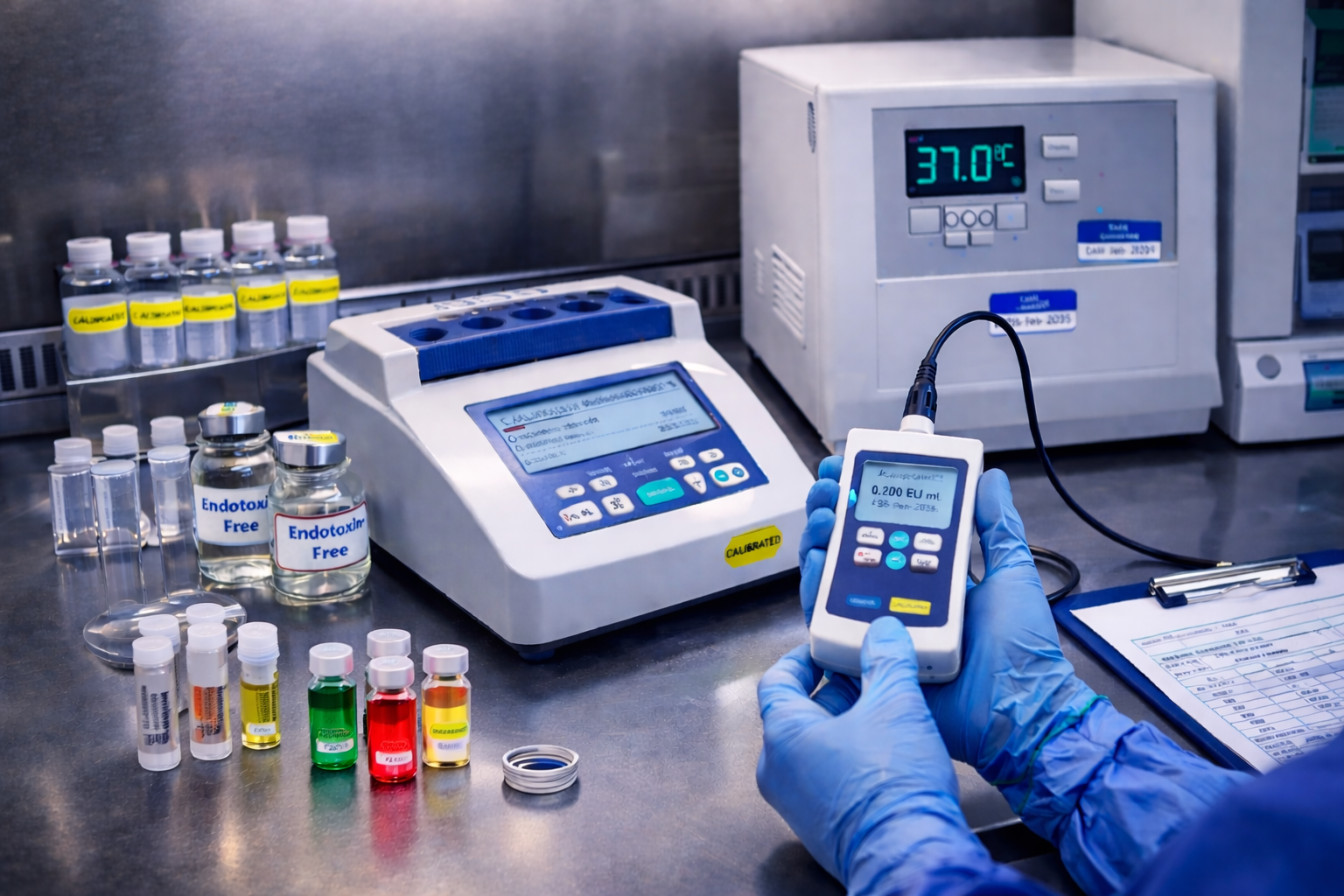 Scientist wearing protective mask and gloves examining red liquid vials and syringes on a laboratory bench