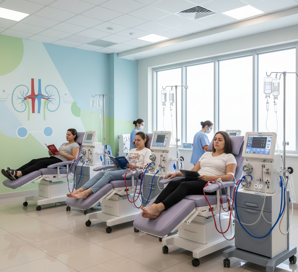 Three female patients sitting in comfortable reclining chairs receiving hemodialysis treatment in a bright, modern medical clinic.