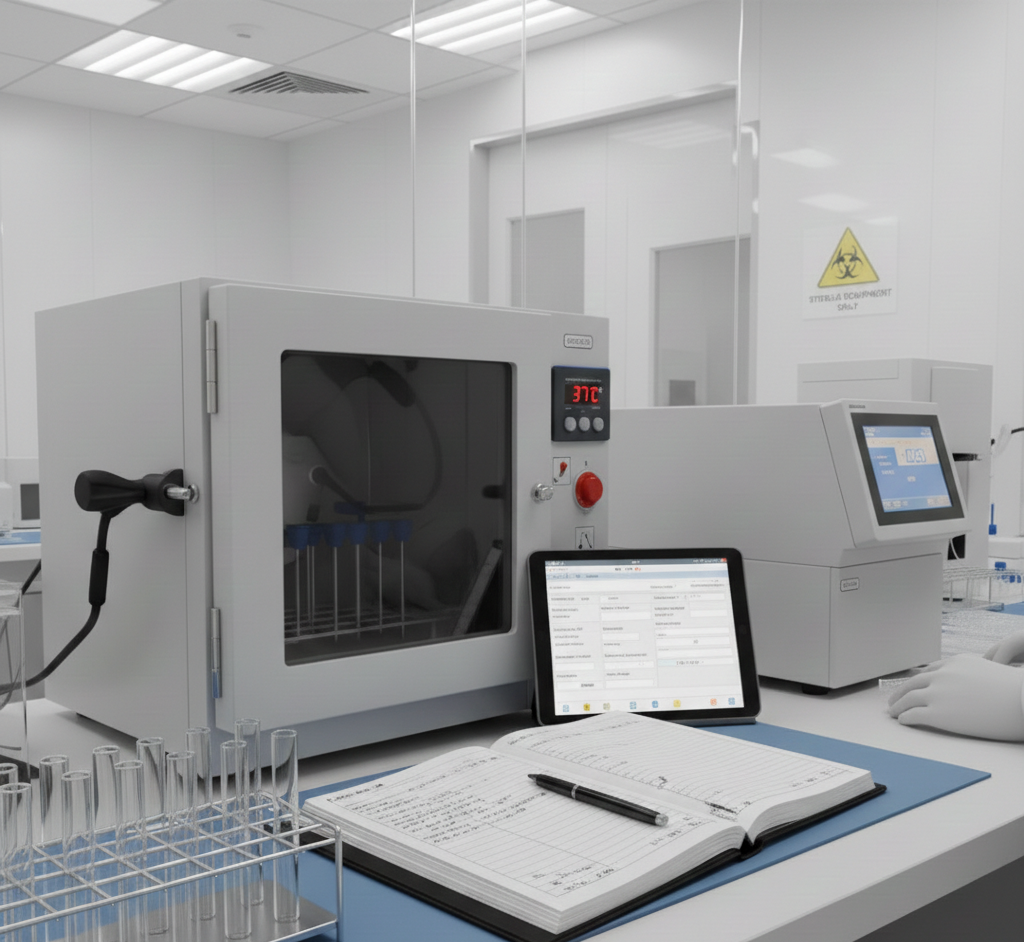 Laboratory technician documenting bacterial endotoxin test results with files, reports, and digital records on a clean lab workspace