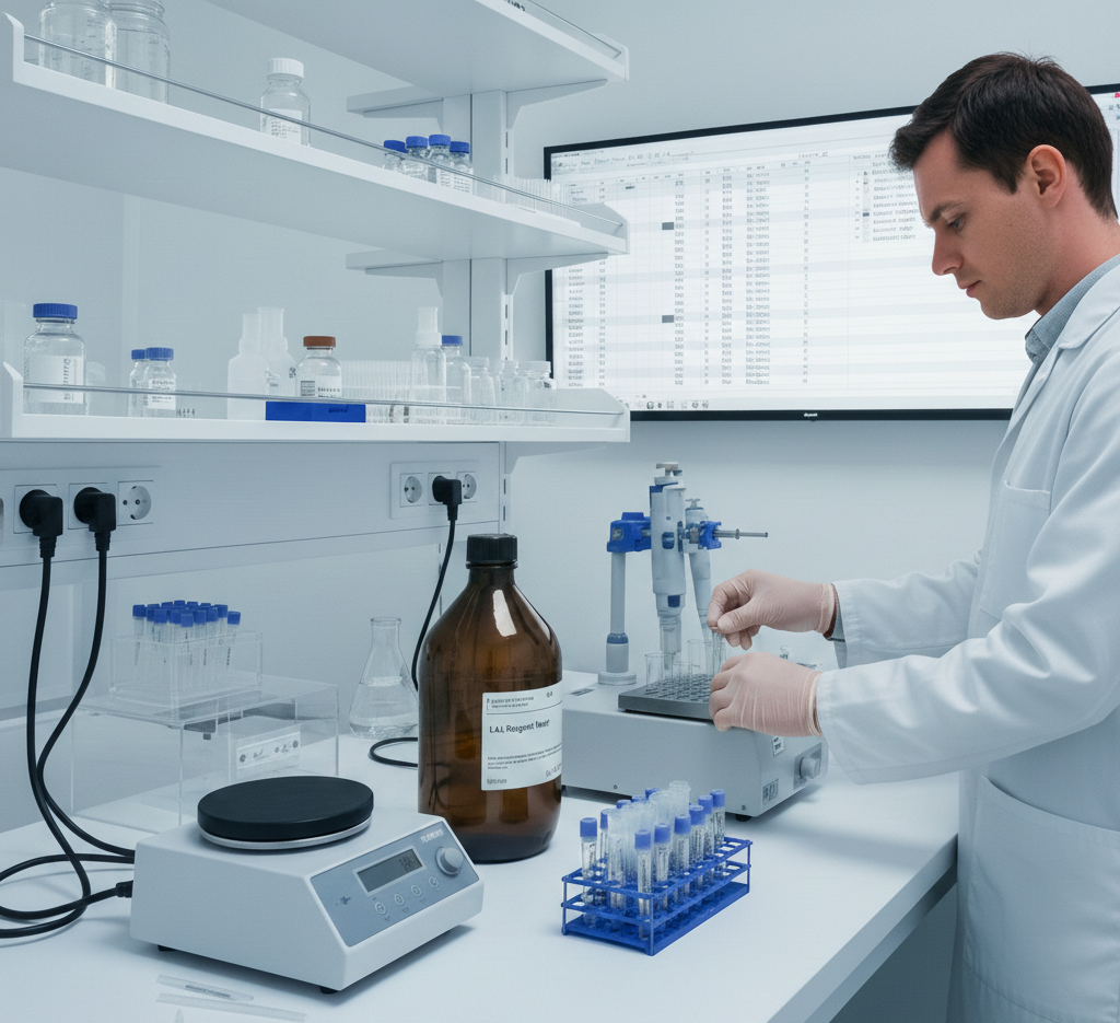 A laboratory technician performing a Bacterial Endotoxin Test (BET) using the LAL method in a sterile pharmaceutical lab environment.