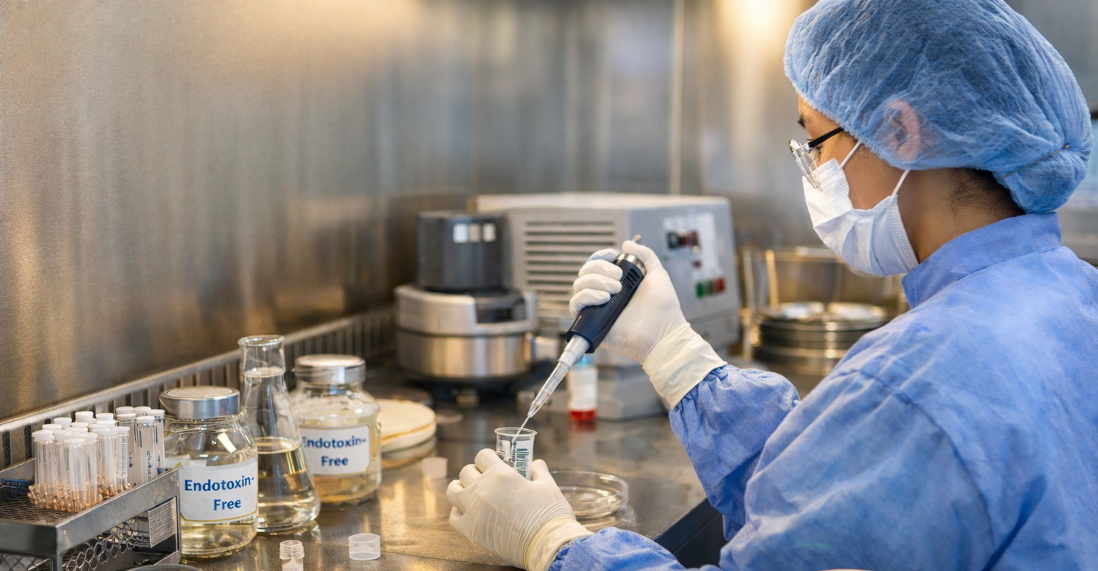 Laboratory technician performing bacterial endotoxin testing using pipette and endotoxin-free glassware inside a sterile cleanroom environment