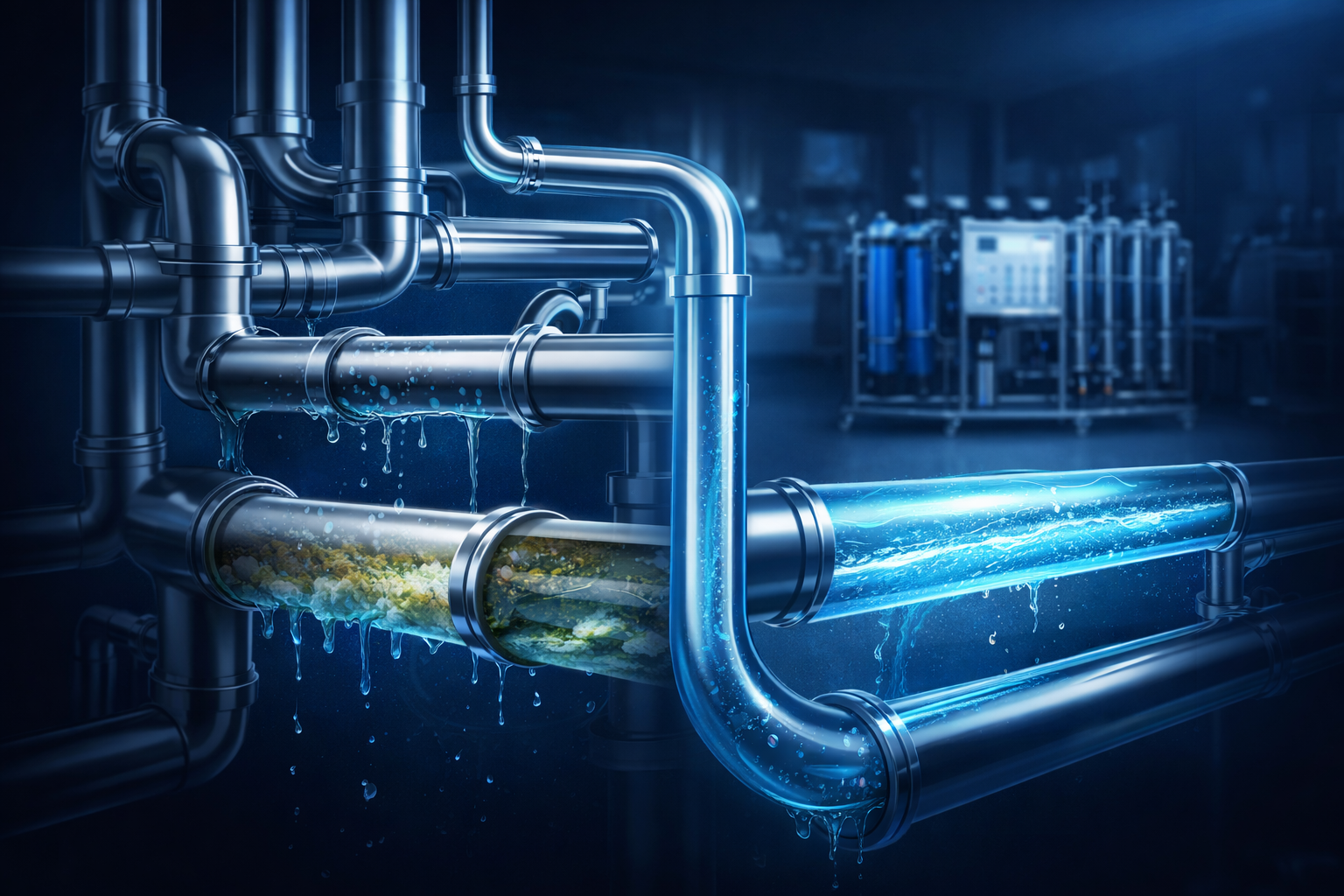 RO Water Dialysis Testing system showing contaminated distribution pipes, biofilm buildup, leaks, and purified water flow in a hospital setting.