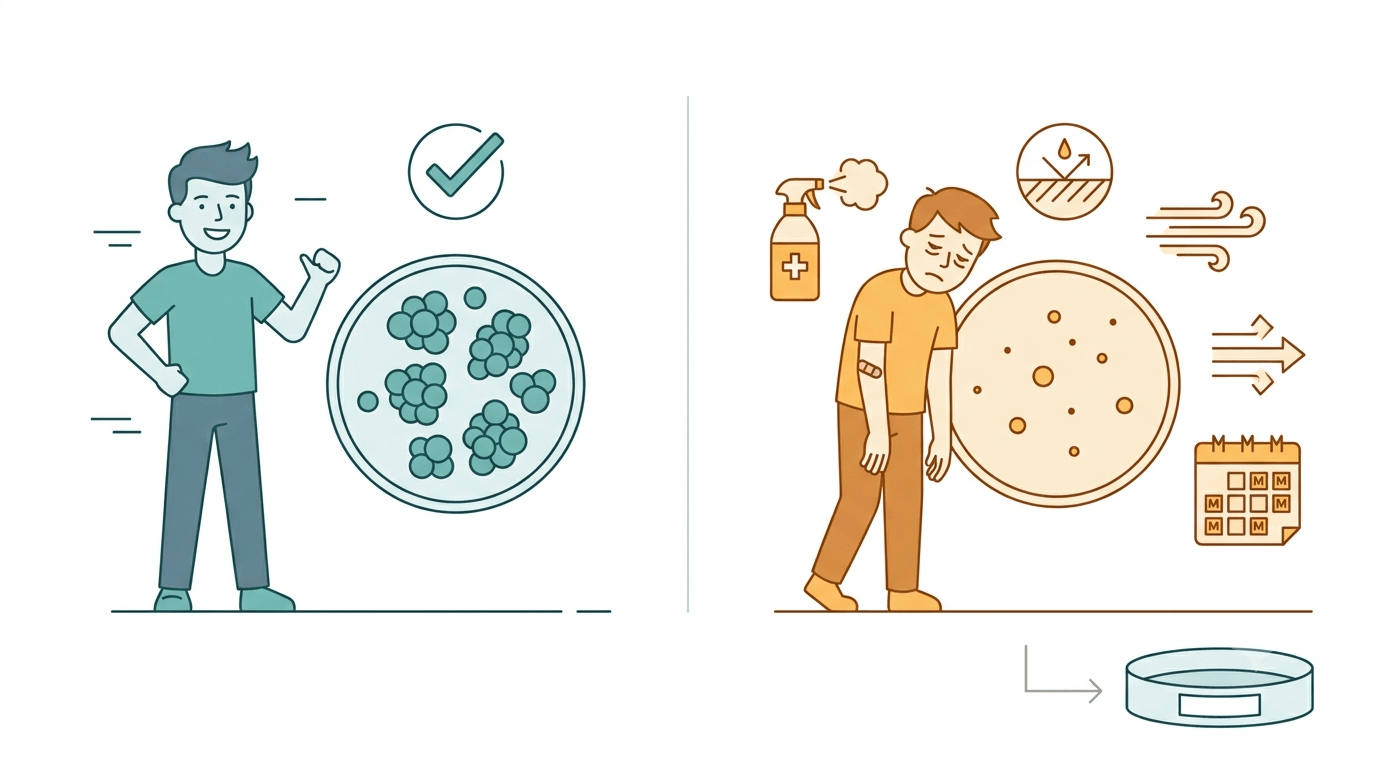 A flat vector infographic comparing normal vs. sublethally injured microorganisms, depicting environmental stress factors like disinfectant spray, dry surface exposure, airflow, and prolonged starvation leading to a single Petri dish.
