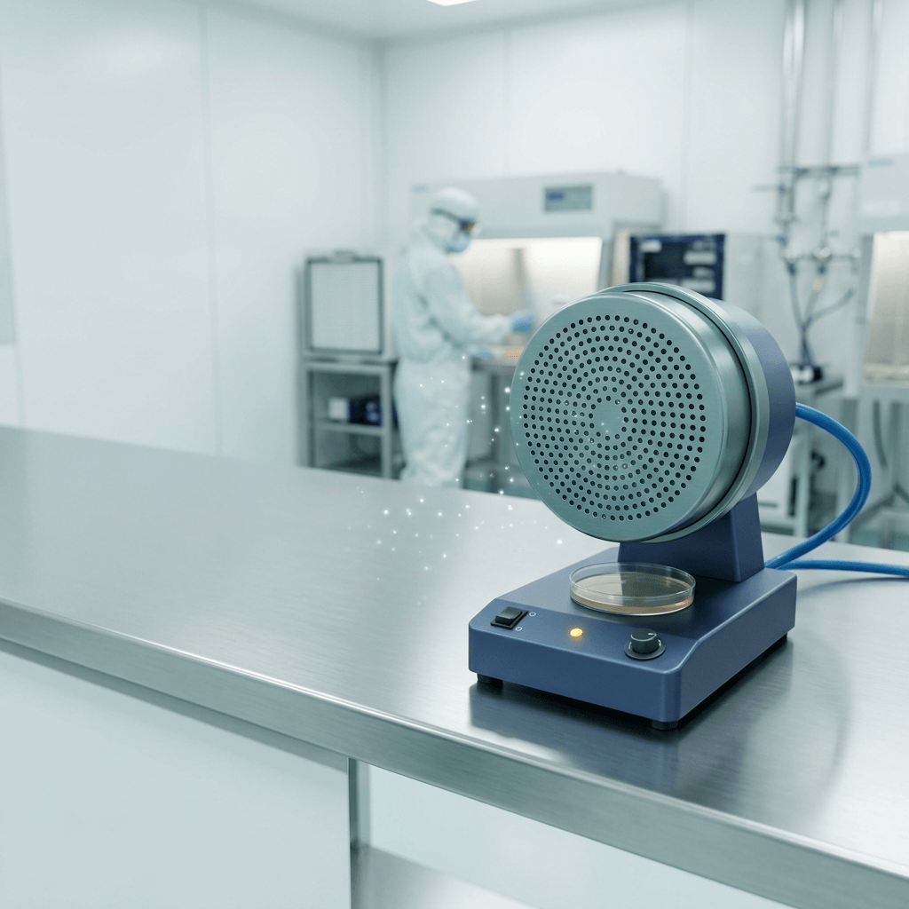 Cleanroom air sampler on a stainless steel bench with perforated sieve head, soft teal lighting, blurred laboratory background, and empty space on the left for text overlay.