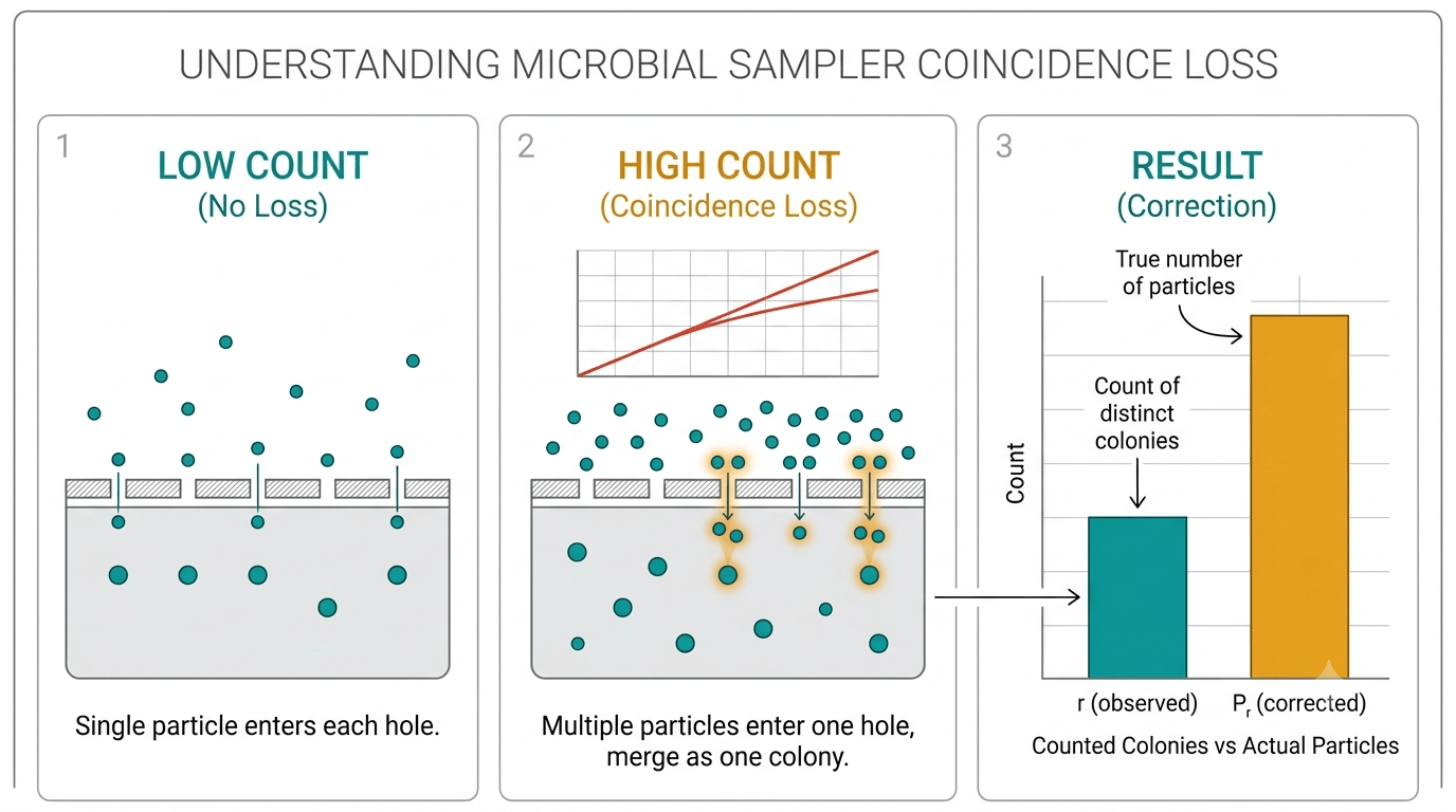 Three-panel infographic explaining microbial air sampler coincidence loss: Panel 1 shows single particles passing through sieve holes forming distinct colonies; Panel 2 shows multiple particles entering the same hole and merging into one colony; Panel 3 compares observed colony count (r) against corrected true particle count (Pr) - Feller Correction in Air Sampling