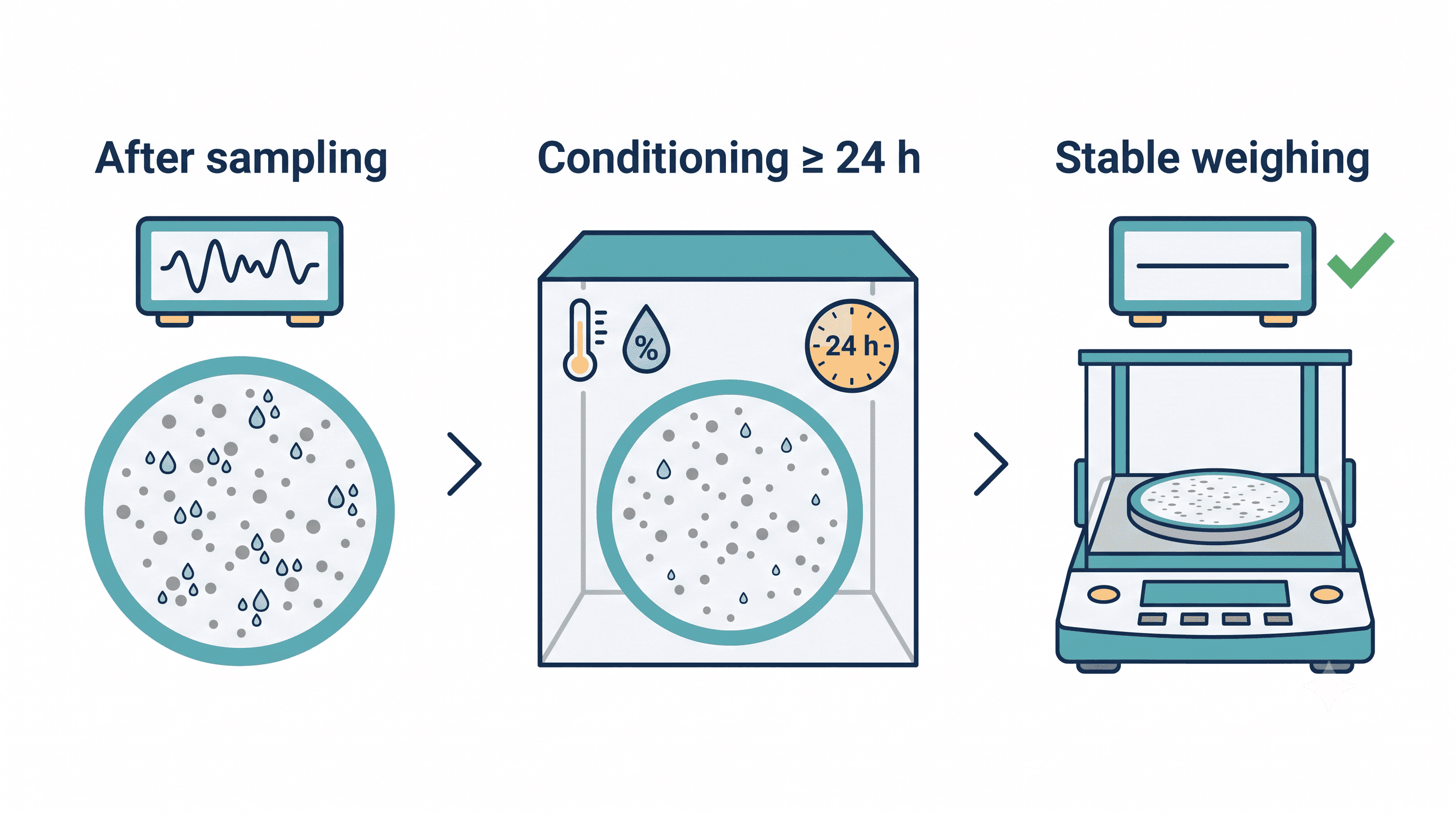 PM filter conditioning process: moist PM filter after sampling, 24-hour conditioning in a controlled chamber, then stable weighing on a microbalance