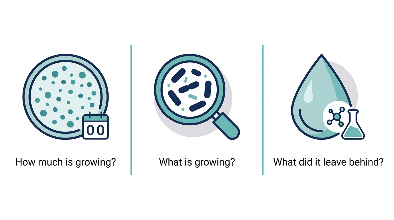 Three-panel infographic showing a petri dish for “How much is growing?”, a magnifying glass over bacteria for “What is growing?”, and a water droplet with a flask for “What did it leave behind?”