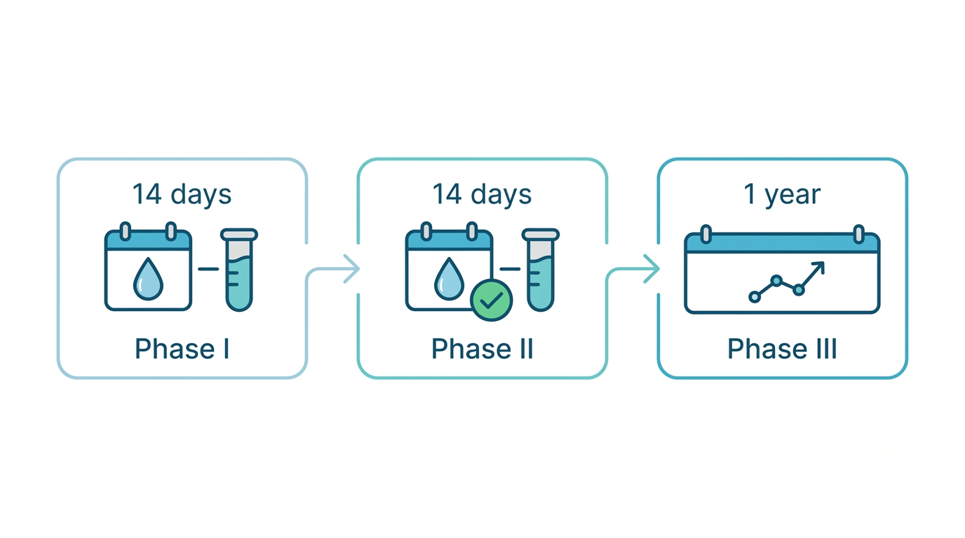 Three-phase water system performance qualification timeline: Phase I (14 days), Phase II (14 days) and Phase III (1 year of routine monitoring)