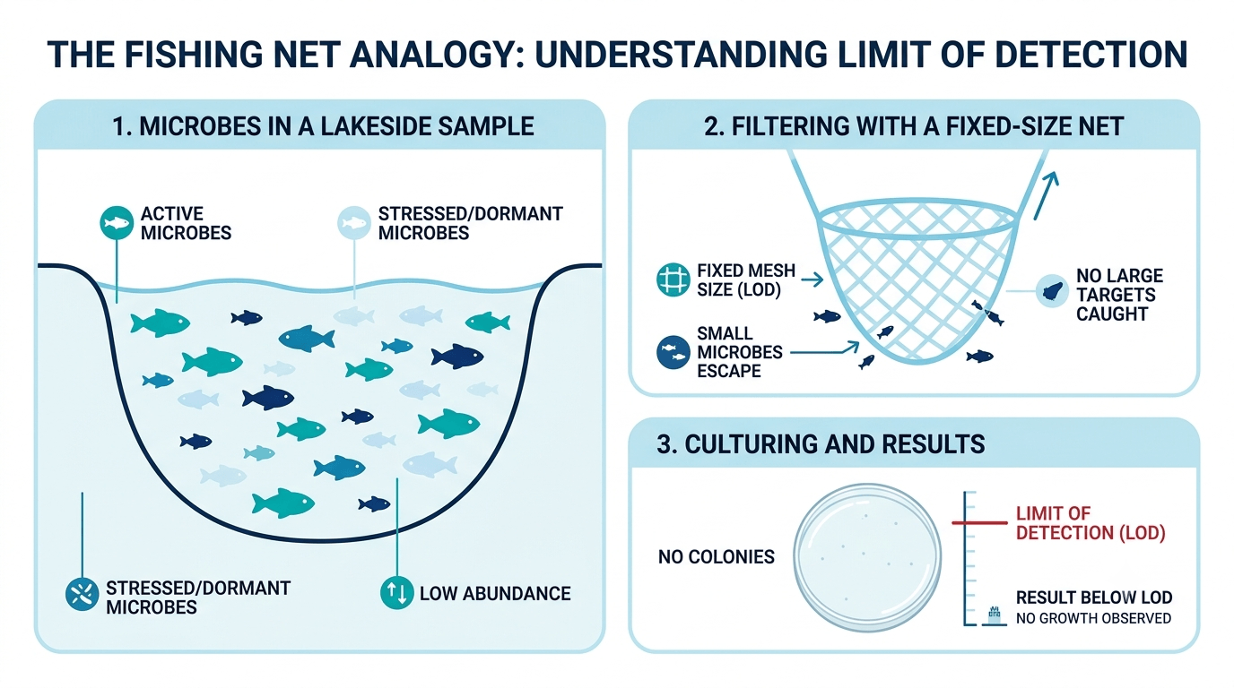 A three-panel vector infographic using a fishing net analogy to explain the scientific concept of 'Limit of Detection' in microbiology.