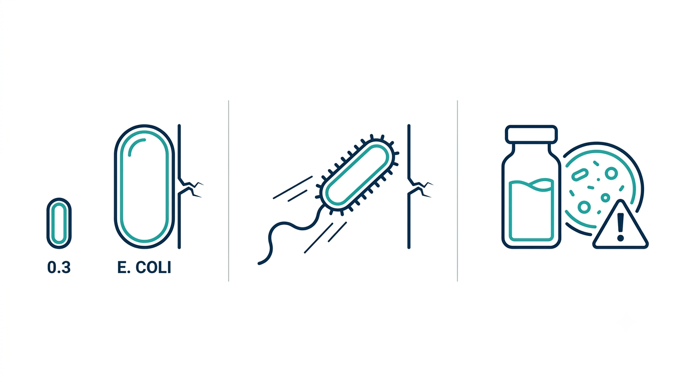 Three-panel diagram comparing challenge organism size, motility and lab handling risk for ingress testing.