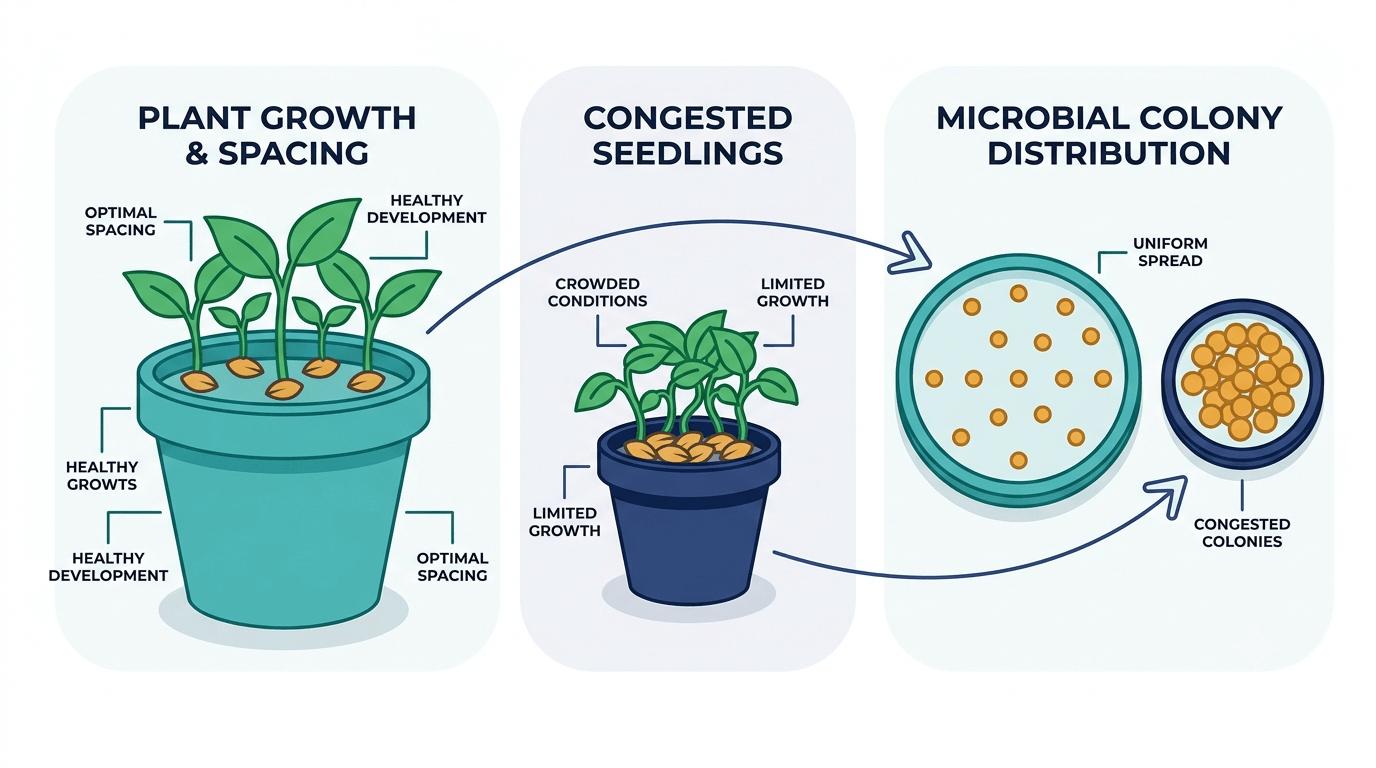 Diagram comparing a large and small flower pot with a large and small agar plate, crowding shown in the small ones