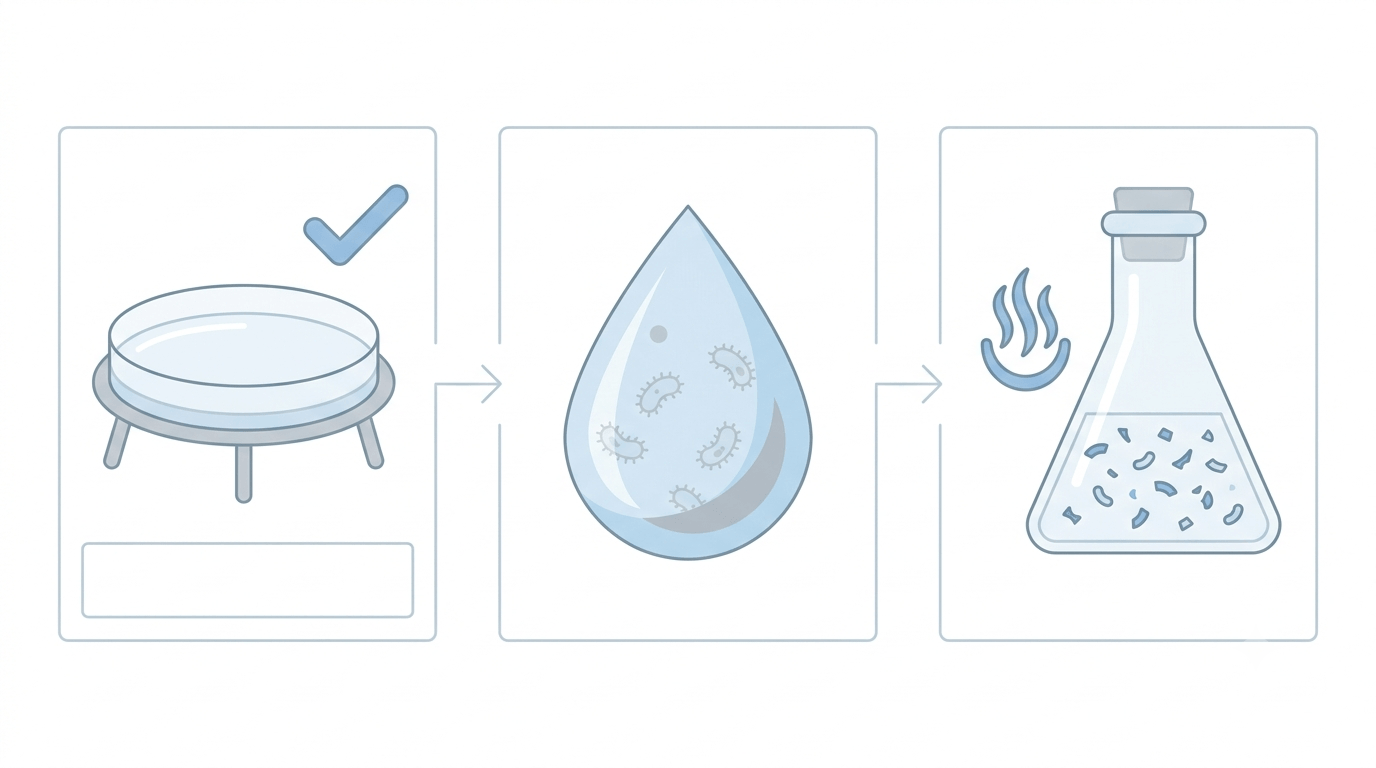 Three-panel diagram showing a passing plate count, a pathogen hiding in water, and endotoxin left after sterilization
